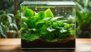 L'evapotraspirazione nel micro-ecosistema del terrario Dettaglio di goccioline di acqua condensate sulle pareti interne di un vaso di vetro con piante