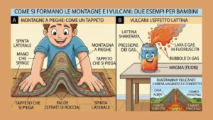 Illustrazione didattica per bambini che spiega come si formano le montagne con il paragone del tappeto e perché eruttano i vulcani con l'effetto della lattina
