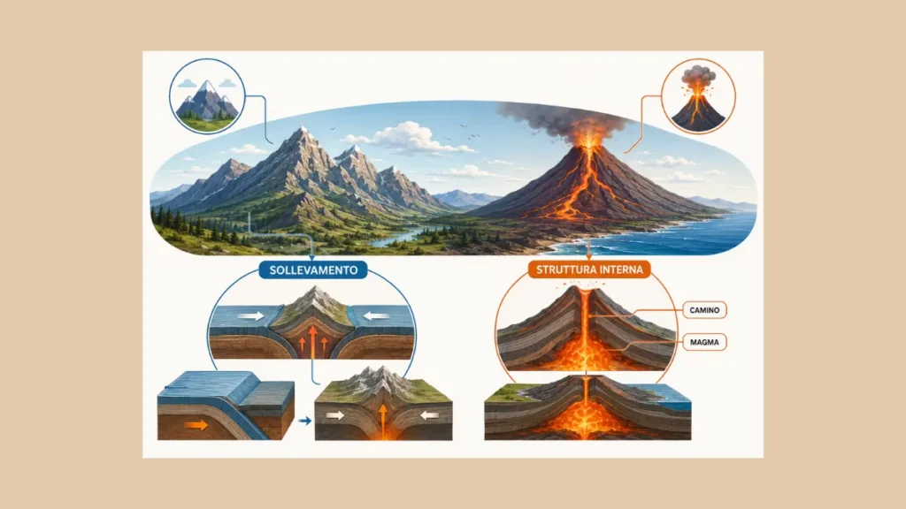 Illustrazione didattica di un paesaggio naturale con una catena montuosa con strati di roccia a sinistra e un vulcano attivo con fumo e lava a destra