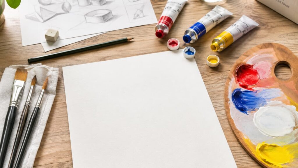 Set da pittura con tubetti di colori a tempera, pennelli e foglio da disegno per principianti.