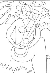 Disegno a matita della figura femminile dal quadro La Musique di Matisse, pronto da colorare a tempera.