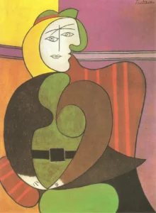 Dipinto Donna in poltrona di Pablo Picasso per lo studio delle forme e dei colori a tempera.