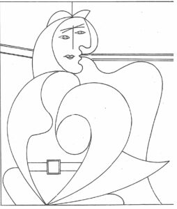 Schema a matita del quadro Donna in poltrona di Picasso da scaricare e colorare a tempera.