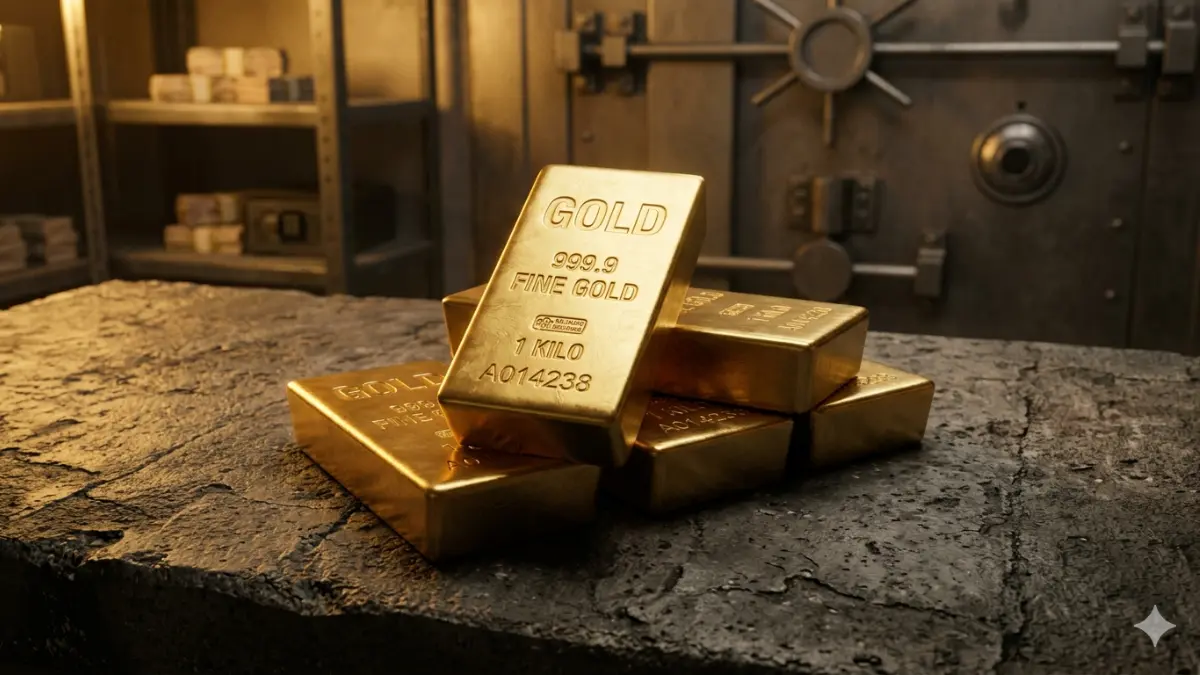 Lingotti d'oro puro come esempio di beni rifugio economici spiegati agli studenti.