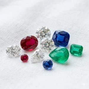 Collezione di gioielli e gemme colorate sfaccettate per spiegare le caratteristiche delle pietre preziose.