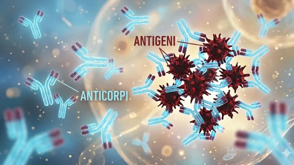 Rappresentazione in 3D del sistema immunitario con gli anticorpi a forma di Y che bloccano gli antigeni.
