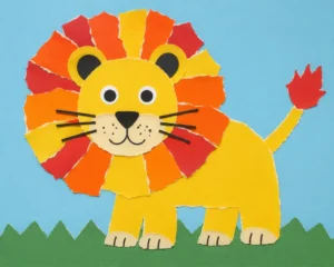 Collage per bambini raffigurante un leone colorato realizzato con ritagli di carta strappata