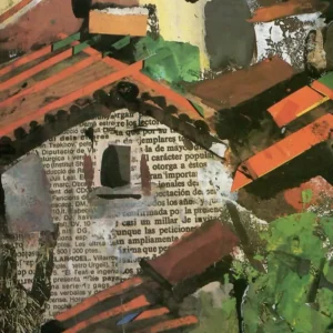 Composizione in tecnica mista con ritagli di carta per collage e campiture di colore acrilico