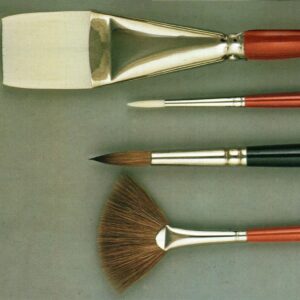 Vari tipi e forme di pennelli per pittura ad olio: miscelatore a forma di ventaglio, di martora rossa, tondo sintetico, quadrato sintetico