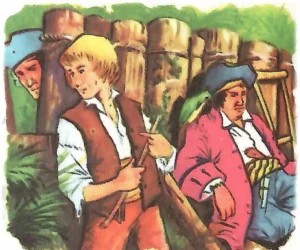 L'agguato al fortino - L'isola del tesoro. Jim Hawkins osserva con circospezione un pirata che si aggira nei pressi della staccionata del fortino, illustrazione vintage tratta dall'enciclopedia Vedere e Sapere."