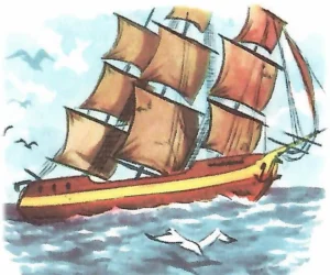 Il veliero Hispaniola - L'isola del tesoro La goletta Hispaniola in navigazione in mare aperto, illustrazione vintage tratta dall'enciclopedia per ragazzi Vedere e Sapere