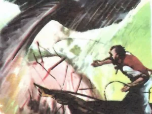 moby-dick-capitano-achab-scontro-balena Lo scontro finale tra il capitano Achab e la balena bianca Moby Dick - Illustrazione d'epoca
