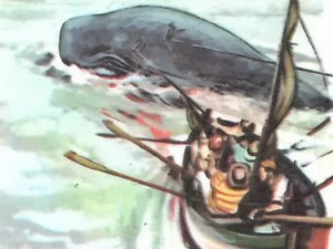 moby-dick-marinai-lancia-caccia-balena I marinai della baleniera Pequod affrontano le onde sulla lancia durante la caccia a Moby Dick