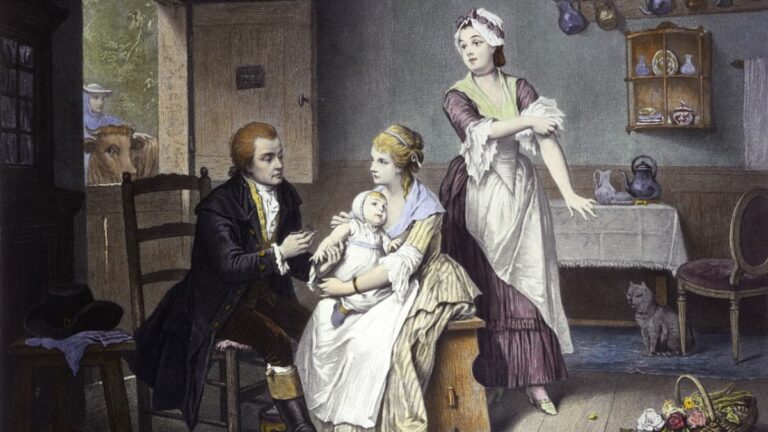 Incisione storica di Edward Jenner che vaccina un bambino