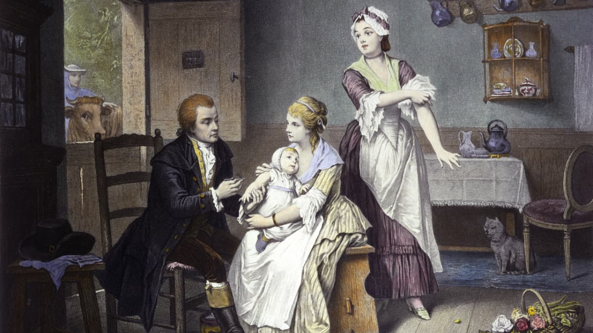 Incisione storica di Edward Jenner che vaccina un bambino