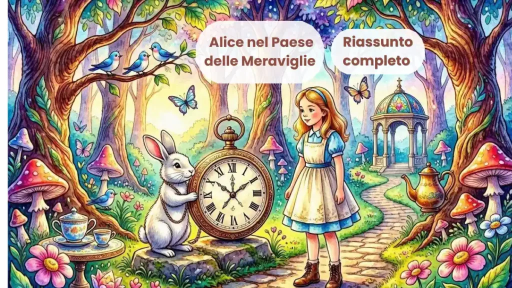Illustrazione a colori di Alice nel Paese delle Meraviglie con il Bianconiglio per il riassunto del libro.