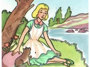 Illustrazione d'epoca di Alice seduta sotto un albero all'inizio della storia.