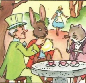 Illustrazione vintage di Alice nel paese delle meraviglie con Alice che partecipa al tè matto con il Cappellaio e la Lepre Marzolina.