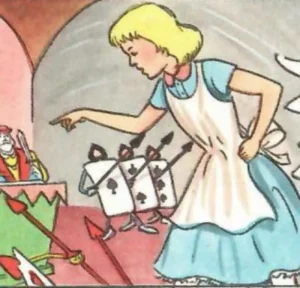 Illustrazione vintage di Alice nel tribunale del Re di Cuori mentre ricomincia a crescere.