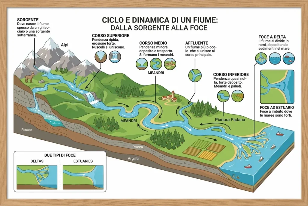 Infografica illustrata del ciclo di un fiume dalla sorgente alla foce con spiegazione delle parti principali: ghiacciaio, affluente, meandri e tipi di foce.