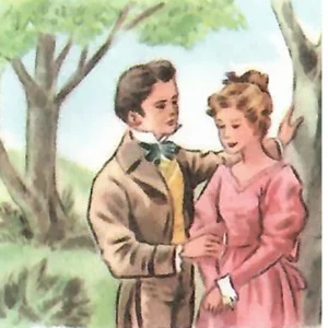 I personaggi di Dickens: David Copperfield e la fidanzata Dora Disegno vintage del protagonista David Copperfield insieme a Dora Spenlow, sua prima moglie