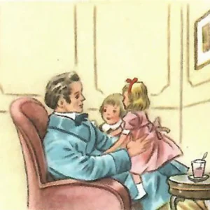 Il lieto fine del romanzo: il riscatto e la famiglia di David Disegno d'epoca di David Copperfield ormai adulto e sereno, seduto in poltrona con due bambini piccoli in braccio