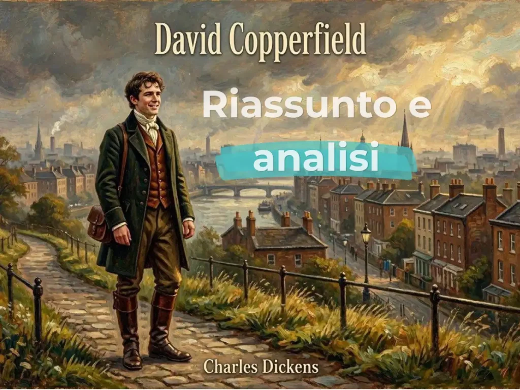 Copertina dell'articolo David Copperfield riassunto con illustrazione di un giovane uomo dell'Ottocento che guarda Londra dall'alto