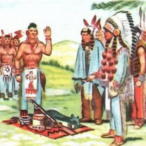 Illustrazione a colori de L'ultimo dei Mohicani raffigurante un incontro tra tribù native