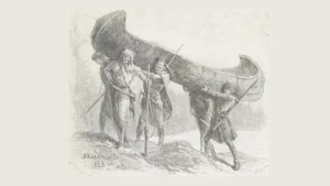 L'ultimo dei Mohicani, illustrazione del trasporto della canoa nella foresta di Andriolli