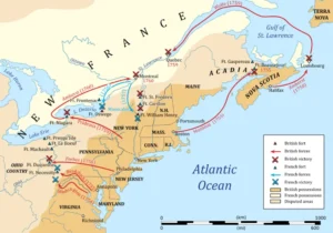 Mappa della guerra franco-indiana in America del Nord tra inglesi e francesi