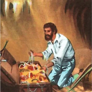 Illustrazione vintage di Edmond Dantès che apre la cassa del tesoro nell'isola di Montecristo.