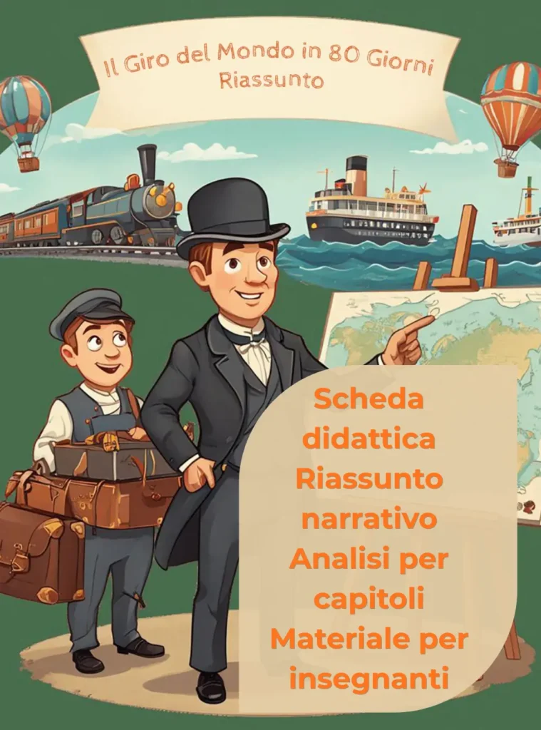 immagine per il riassunto de il giro del mondo in 80 giorni di Jules Verne nell' immagine, in stile fumetto, si vedono Phileas Fogg e Passepartout davanti ad una cartina geografica