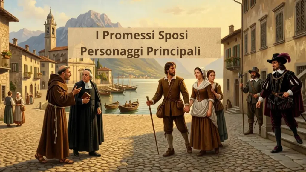 Illustrazione con personaggi de I Promessi Sposi di Alessandro Manzoni , Renzo e Lucia, Fra Cristoforo, DonAbbondio, I Bravi, con nello sfondo il villaggio sul lago di Como