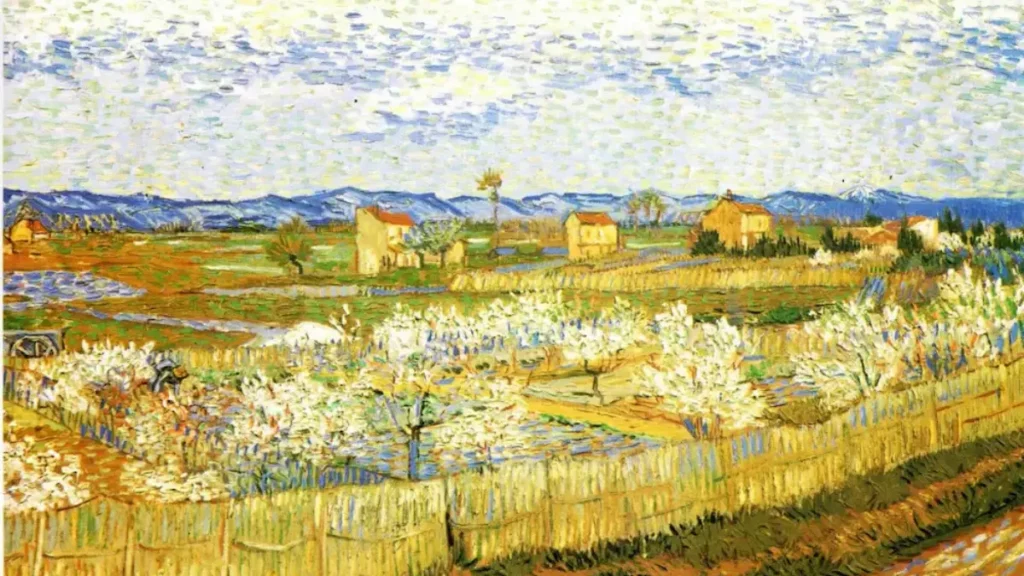 Peschi in fiore di Van Gogh paesaggio primaverile con alberi di pesco in fiore, dipinto ad Arles, stile post-impressionista