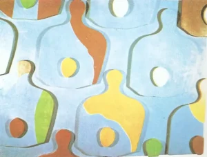 opera di Hans Arp "La tavola con le uova," rilievo in legno Hans Arp La tavola con le uova rilievo in legno, opera dadaista
