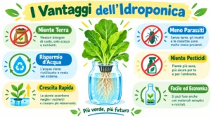 Infografica didattica con i benefici della coltivazione idroponica per la scuola Infografica didattica sui vantaggi della coltivazione idroponica con illustrazioni su risparmio idrico e assenza di terra