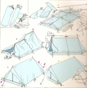 Schema tecnico e istruzioni per montare una tenda canadese.