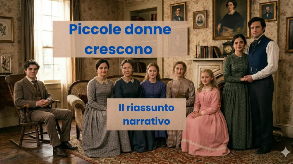 le sorelle marsh con la mamma, laurie e john booke, marito di meg personaggi del romanzo piccole donne crescono, di louise may alcott, pubblicato tre anni dopo il primo libro: piccole donne