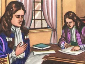 Illustrazione vintage-Re Sole nel suo studio a Versailles Il Re Sole, Luigi XIV dà disposizioni per il suo programma della giornata