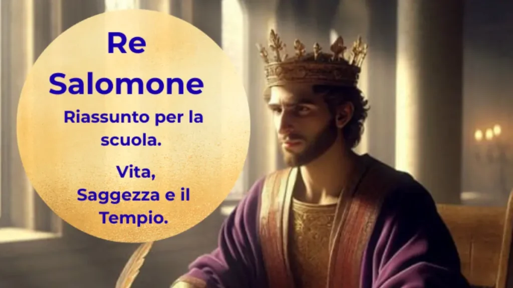 Illustrazione di Re Salomone della Bibbia mentre scrive un rotolo con una penna d'oca; ritratto della saggezza di Salomone per riassunto scolastico.