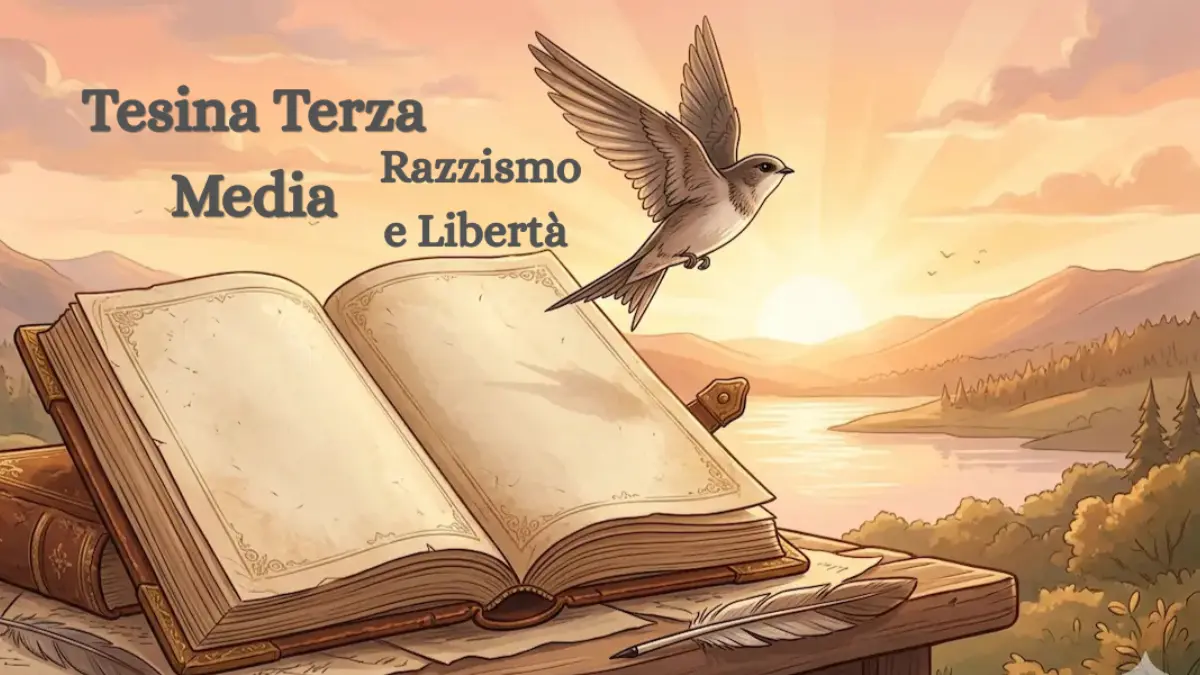 Illustrazione concettuale per tesina di terza media sul razzismo e la libertà con libro aperto e uccello in volo.