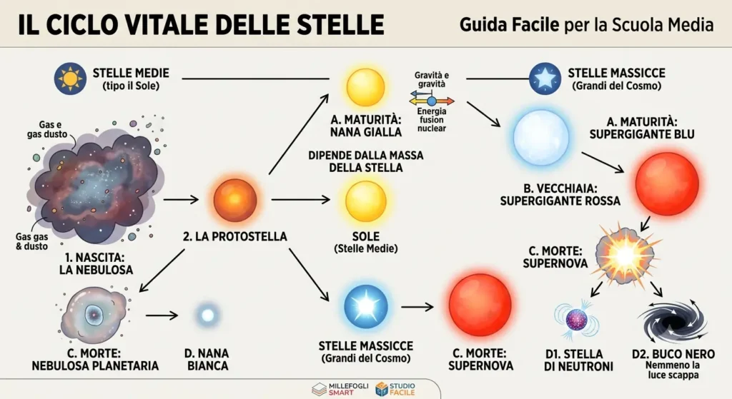 Infografica chiara e semplice sul ciclo vitale delle stelle per ragazzi delle scuole medie, dalla nebulosa alla supernova, nana bianca e buco nero.