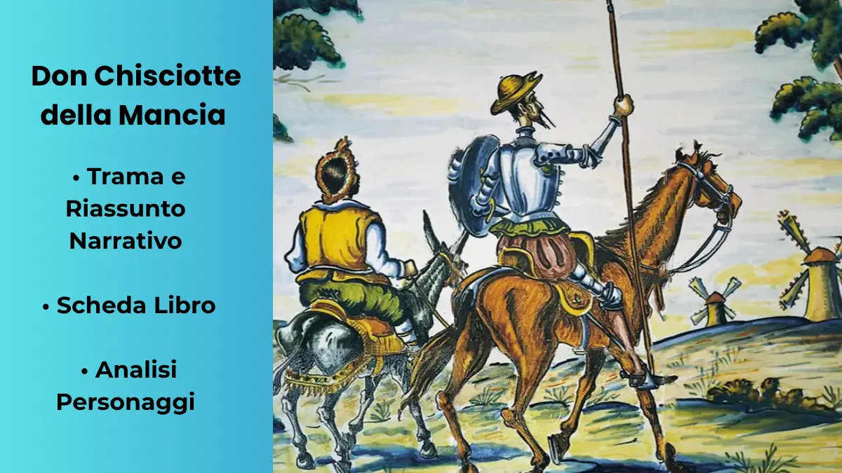 Mosaico in stile azulejos di Don Chisciotte e Sancio Panza con scritta Don Chisciotte riassunto narrativo e scheda libro