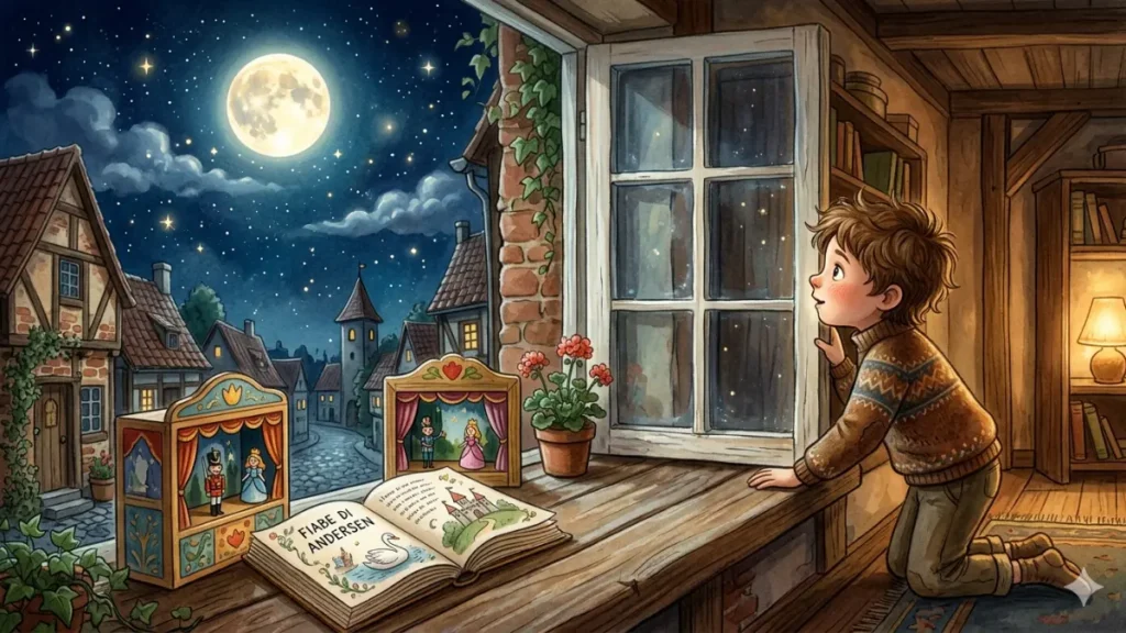 Illustrazione di un bambino sognatore alla finestra con il teatrino di marionette e un libro, per la raccolta delle fiabe di Andersen in breve