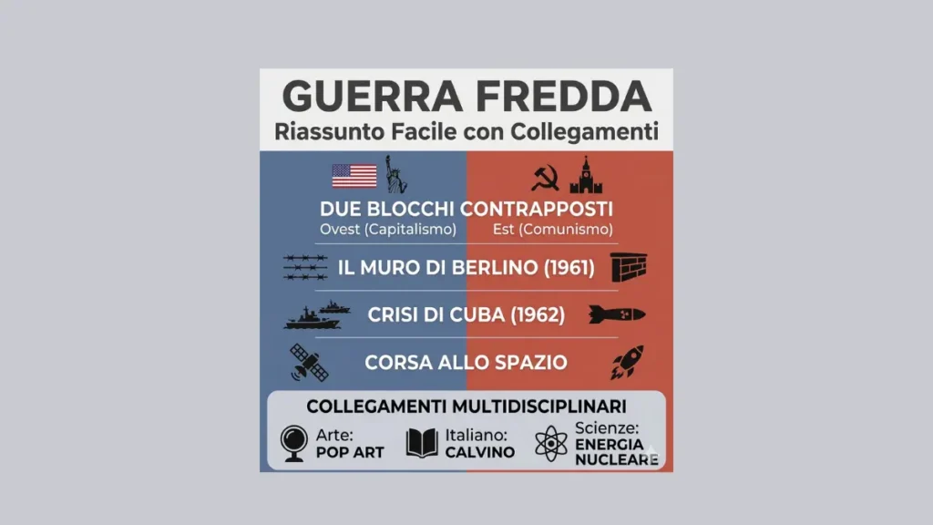 Infografica sulla Guerra Fredda con riassunto facile dei due blocchi contrapposti e collegamenti multidisclipinari per la tesina d'esame