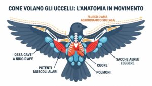 Anatomia degli uccelli: come è fatto il corpo che vola. Infografica illustrata dell'anatomia di un uccello che mostra le ossa cave, i muscoli del petto e i sacchi aerei.