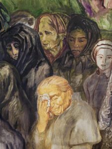 Carlo Levi, Lucania 61 - Il rito del lamento funebre in Lucania Particolare del telero Lucania 61 di Carlo Levi raffigurante il lamento delle donne lucane con il capo coperto durante un rito funebre.