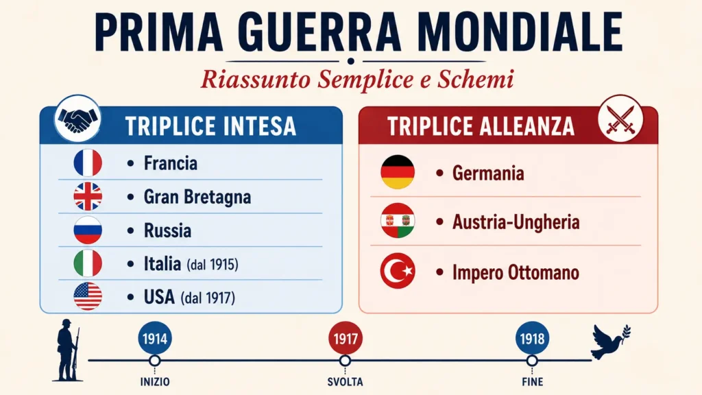 Infografica riassuntiva della Prima Guerra Mondiale con lo schema delle alleanze e le date chiave per gli studenti di scuole medie e superiori