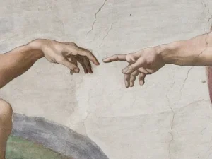 Dettaglio del tocco delle dita nella Creazione di Adamo di Michelangelo Particolare del tocco delle dita tra Dio e Adamo nell'affresco della Creazione di Adamo di Michelangelo.