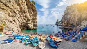 Marina di Praia Cove Amalfi Coast Marina di Praia beach with small wooden boats in Amalfi